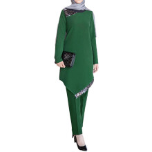 (L, Green) Fashion Muslim Two Pieces Sets Solid Color Women Tops and Pants Turkey Arab Split Dresses for Prayer Outings and Daily Green M