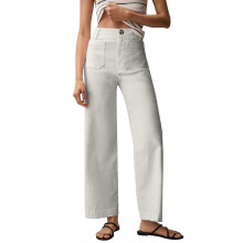 (M, White) Women's stretch twill cotton cropped wide-leg jeans with pockets, casual ankle-length jeans Black L