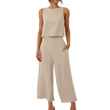 (XL, Beige) Women's 2 Piece Outfits Sleeveless Crop Top Vest Wide Leg Pants Linen Cotton Leisure Beach Suit Yellow green S