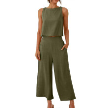(L, Army Green) Women's 2 Piece Outfits Sleeveless Crop Top Vest Wide Leg Pants Linen Cotton Leisure Beach Suit Yellow green S