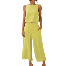 (XXL, Yellow) Women's 2 Piece Outfits Sleeveless Crop Top Vest Wide Leg Pants Linen Cotton Leisure Beach Suit Yellow green S