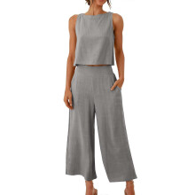 (M, light gray) Women's 2 Piece Outfits Sleeveless Crop Top Vest Wide Leg Pants Linen Cotton Leisure Beach Suit Yellow green S