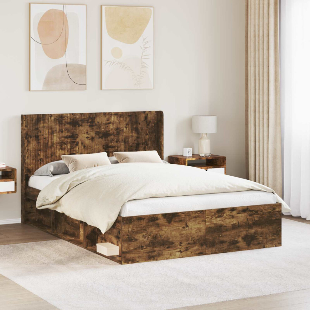 Vidaxl Bed Frame With Storage And Headboard Smoked Oak 135 X 190 Cm