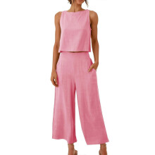 (L, Pink) Women's 2 Piece Outfits Sleeveless Crop Top Vest Wide Leg Pants Linen Cotton Leisure Beach Suit Yellow green S