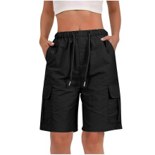 (L, Black) Shorts for Women Quick Dry Cargo Shorts with Pockets Outdoor Drawstring Knee Length Hiking Short Yellow S