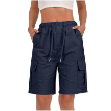 (XXL, Navy blue) Shorts for Women Quick Dry Cargo Shorts with Pockets Outdoor Drawstring Knee Length Hiking Short Yellow S