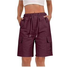 (XXL, Claret) Shorts for Women Quick Dry Cargo Shorts with Pockets Outdoor Drawstring Knee Length Hiking Short Yellow S