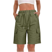 (S, Army Green) Shorts for Women Quick Dry Cargo Shorts with Pockets Outdoor Drawstring Knee Length Hiking Short Yellow S