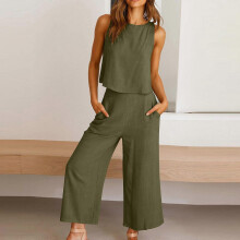 (M, Red) Women's 2 Piece Outfits Sleeveless Crop Top Vest Wide Leg Pants Linen Cotton Leisure Beach Suit Yellow green S