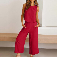 (L, Navy Blue) Women's 2 Piece Outfits Sleeveless Crop Top Vest Wide Leg Pants Linen Cotton Leisure Beach Suit Yellow green S