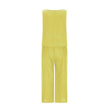 (M, Beige) Women's 2 Piece Outfits Sleeveless Crop Top Vest Wide Leg Pants Linen Cotton Leisure Beach Suit Yellow green S