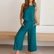 (XL, Navy Blue) Women's 2 Piece Outfits Sleeveless Crop Top Vest Wide Leg Pants Linen Cotton Leisure Beach Suit Yellow green S