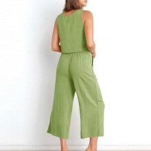 (L, Light Blue) Women's 2 Piece Outfits Sleeveless Crop Top Vest Wide Leg Pants Linen Cotton Leisure Beach Suit Yellow green S