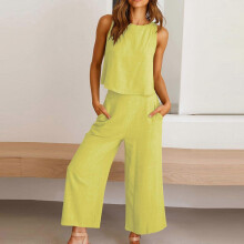 (L, blue green) Women's 2 Piece Outfits Sleeveless Crop Top Vest Wide Leg Pants Linen Cotton Leisure Beach Suit Yellow green S