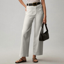 (S, Navy Blue) Women's stretch twill cotton cropped wide-leg jeans with pockets, casual ankle-length jeans Black L