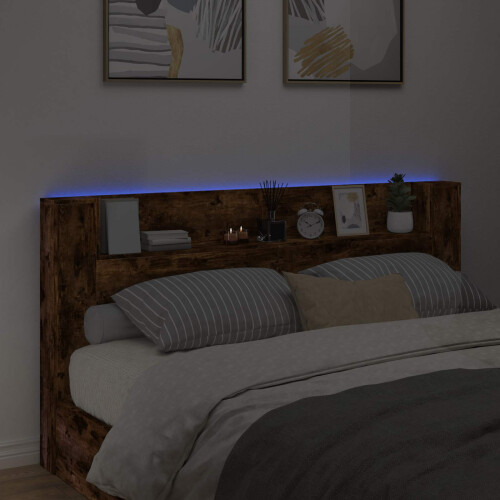 VidaXL vidaXL Storage Headboard with LED Smoked Oak Engineered Wood 2