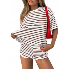 Ensemble de survêtement pour femme 2 pièces, short + t-shirt à rayures, blanc-brun, XL — ensemble été femme