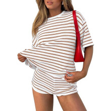 Ensemble de jogging 2 pièces pour femme, short + t-shirt Blanc-brun XL — vêtements détente femme, ensemble viscose été