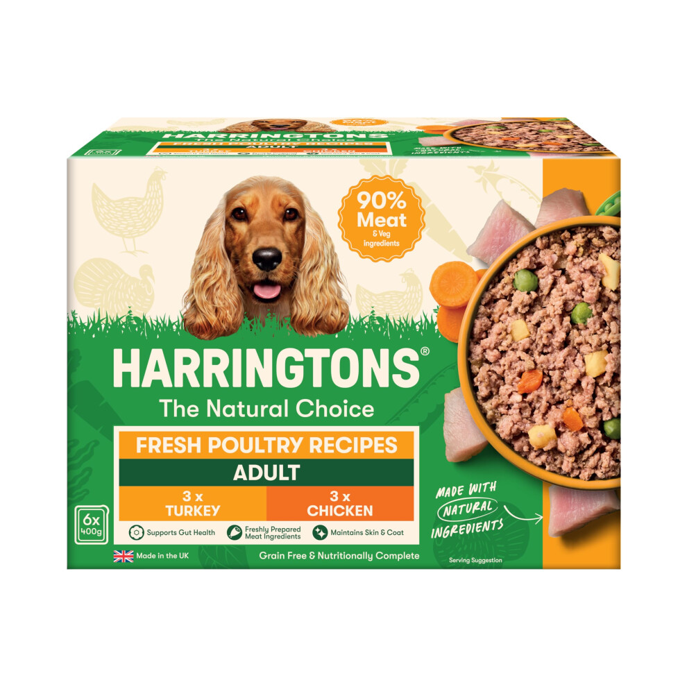 Harringtons Complete Wet Tray Grain Free Hypoallergenic Adult Dog Food Poultry Pack 6X400g - Turkey & Chicken - Made With All Natural Ingred