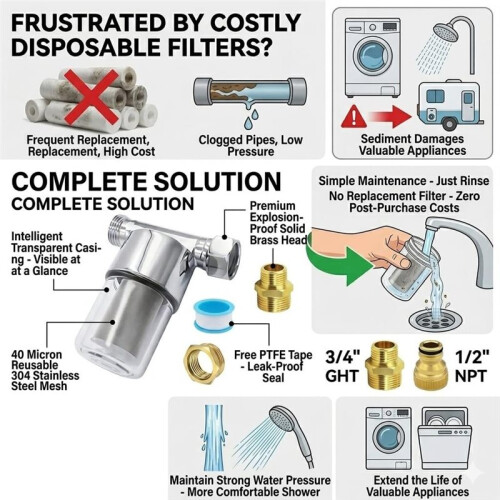 Reusable Inline Sediment Water Filter - Solid Brass Pre-Filter for Washing Machine, RV, Shower & Garden Hose 1