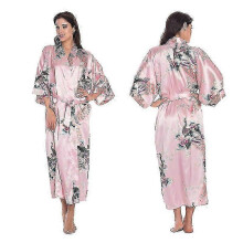 (M, Pink) Women Floral Satin Kimono Dressing Gown Wedding Bathrobe Sleepwear New Arrival