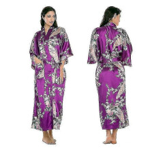 (2XL, Purple) Women Floral Satin Kimono Dressing Gown Wedding Bathrobe Sleepwear New Arrival