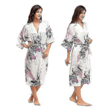 (M, White) Women Floral Satin Kimono Dressing Gown Wedding Bathrobe Sleepwear New Arrival