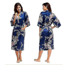 (M, Navy Blue) Women Floral Satin Kimono Dressing Gown Wedding Bathrobe Sleepwear New Arrival