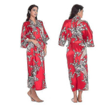 (L, Red) Women Floral Satin Kimono Dressing Gown Wedding Bathrobe Sleepwear New Arrival