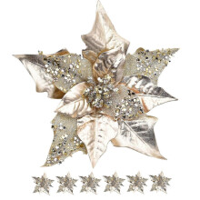 6pcs Glitter Artificial Poinsettias with Clip for Christmas Tree and Wreath Decor, Red and Gold Floral Accents New Arrival
