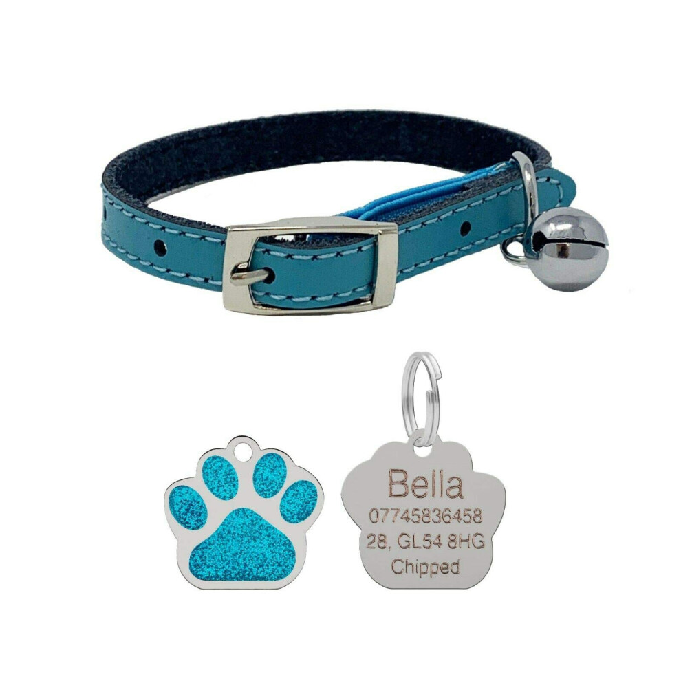 Jk Leather Cat Collar, Safety Elastic Bell & Engraved Glitter Tag (Blue)