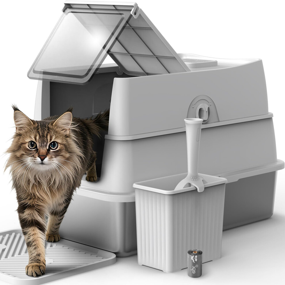 Furtime Xxl Stainless Steel Cat Litter Tray With Lid(3-In-1), Cat Litter Box High Sided, 58Cm Enclosed Metal Extra Large Litter Tray For Big