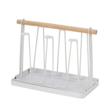 (B, White) Iron Cup Drying Rack With Wooden Handle and Drip Tray Organizer for Kitchen Cups and Bottles Storage