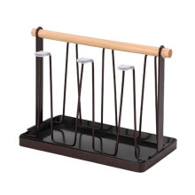 (B, Bronze Coffee) Iron Cup Drying Rack With Wooden Handle and Drip Tray Organizer for Kitchen Cups and Bottles Storage