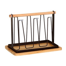 (C, Bronze Coffee) Iron Cup Drying Rack With Wooden Handle and Drip Tray Organizer for Kitchen Cups and Bottles Storage