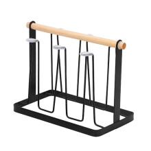 (A, Black) Iron Cup Drying Rack With Wooden Handle and Drip Tray Organizer for Kitchen Cups and Bottles Storage