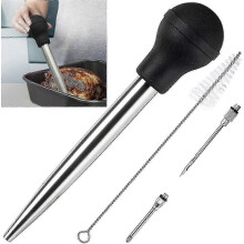 Commercial Grade Stainless Steel Turkey Baster with Rubber Bulb, Meat Injector & Cleaning Brush for Cooking & Grilling