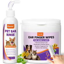Pjordo Dog Ear Cleaner Kit - Dog Ear Finger Wipes and Ear Cleaner Solution for Dogs and Cats, Gently Remove Ear Wax & Debris, Soothe Ear Itc