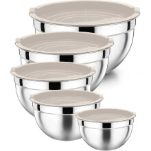 (khaki-5-piece set) Mixing Bowl Set 6-Piece Stainless Steel with Lids, Non-Slip Bottom 7,3.5,2.5,2,1.5