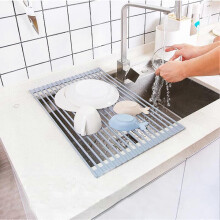 Over the Sink Dish Drying Rack Fully Silicone Covered Stainless Steel Roll Up Drainer 52x33cm
