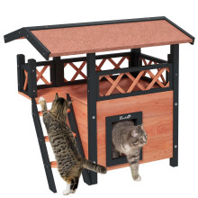 PawHut Cat House Outdoor Kitten Shelter Puppy Kennel with Balcony Stairs Asphalt