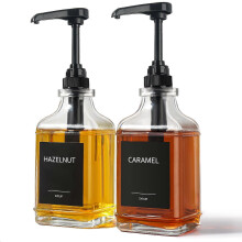 Coffee Syrup Dispenser with Large Capacity Pump, 16.9oz Glass Bottles with Waterproof Labels, 2 Pack Black