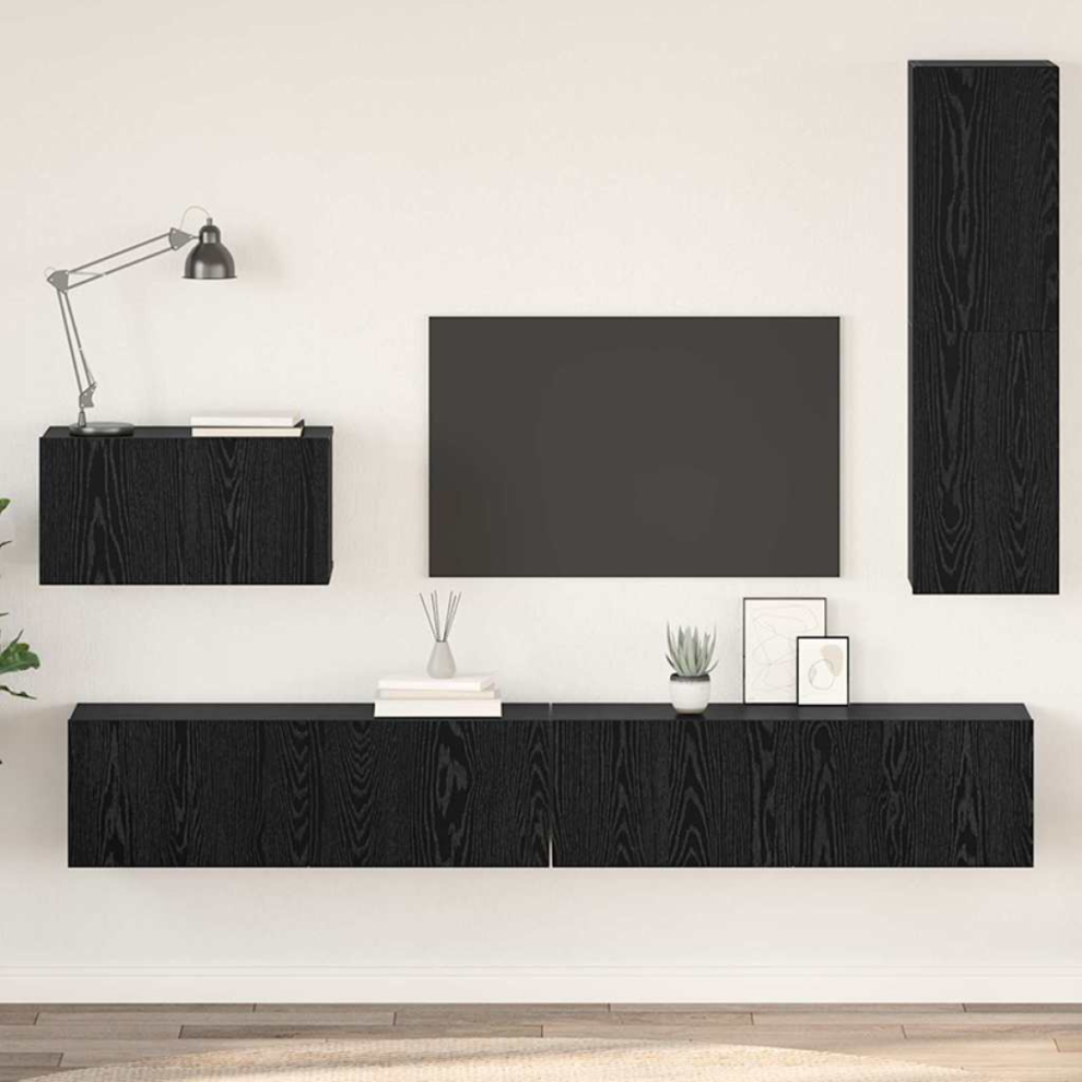 VIDAXL 4-Piece Wall TV Cabinet in Black Oak Finish, Engineered Wood Media Storage Console for Living Room Organisation - Image 2