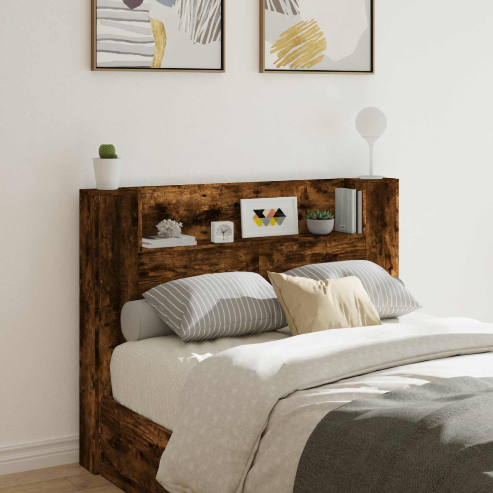 Vidaxl Headboard Cabinet With Led Smoked Oak 140 X 16.5 X 103.5 Cm
