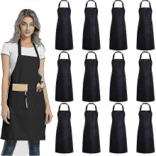 (Brown) 12 Pack Plain Bib Aprons With 2 Pockets - Black Unisex Commercial Apron Bulk 25-26s