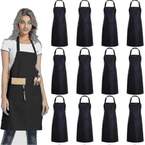 (Black) Evago 12 Pack Plain Bib Aprons With 2 Pockets - Black Unisex Commercial Apron Bulk B