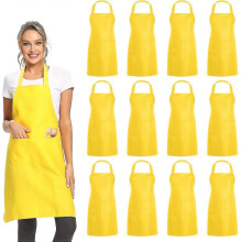 (Yellow) Evago 12 Pack Plain Bib Aprons With 2 Pockets - Black Unisex Commercial Apron Bulk B