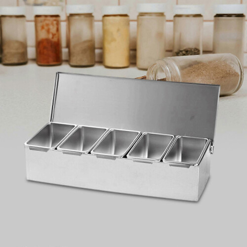 (5 Grids) Stainless Steel Condiment Server Organizer Condiment Bar Storage Containers for 1