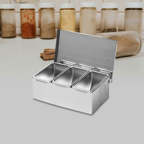 (3 Grids) Stainless Steel Condiment Server Organizer Condiment Bar Storage Containers for 2