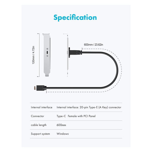 2X 20Gbps USB 3.2 Adapter, Motherboard Header Extension Cable,USB-C to USB3.2 Type-E Key-A 20-Pin Connector PCIe Bracket 2